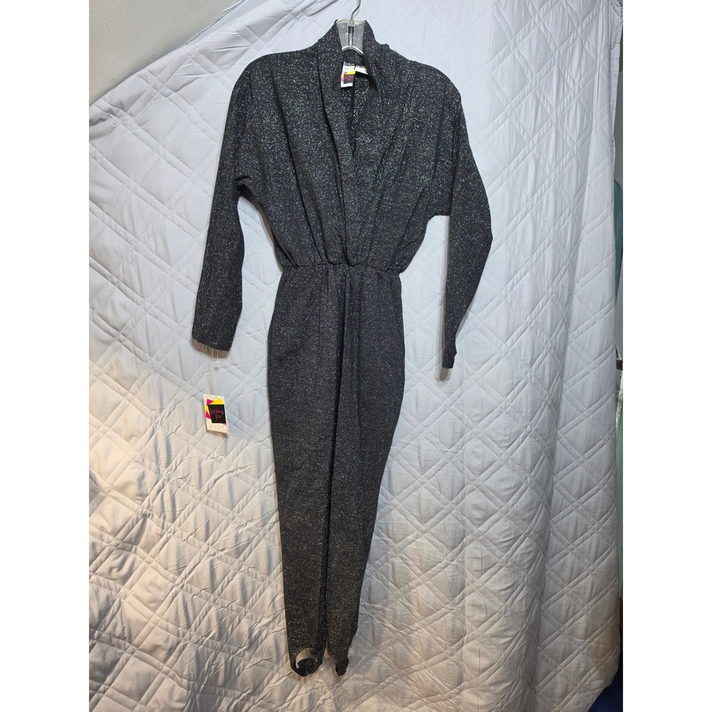 Jumping Joy Vintage Metallic Glitter Stirrup Jumpsuit Black Silver NOS